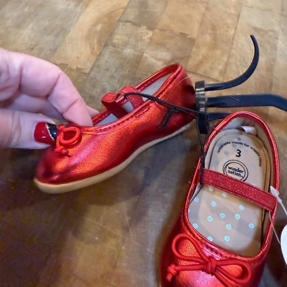 wonder nation Red Metallic Mary Jane Ballet Flats with Bow Toddler Sz 3 New